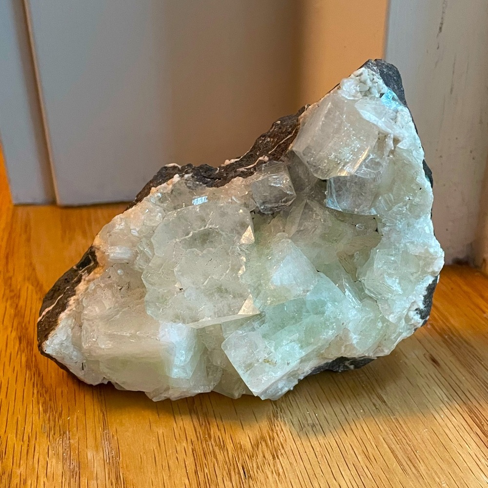 Glassy pale mint apophyllite on zeolite self standing triangle display piece 💕